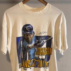 Kansas City Chiefs/Royals Tee, 90s retro style, baseball singnature caricature